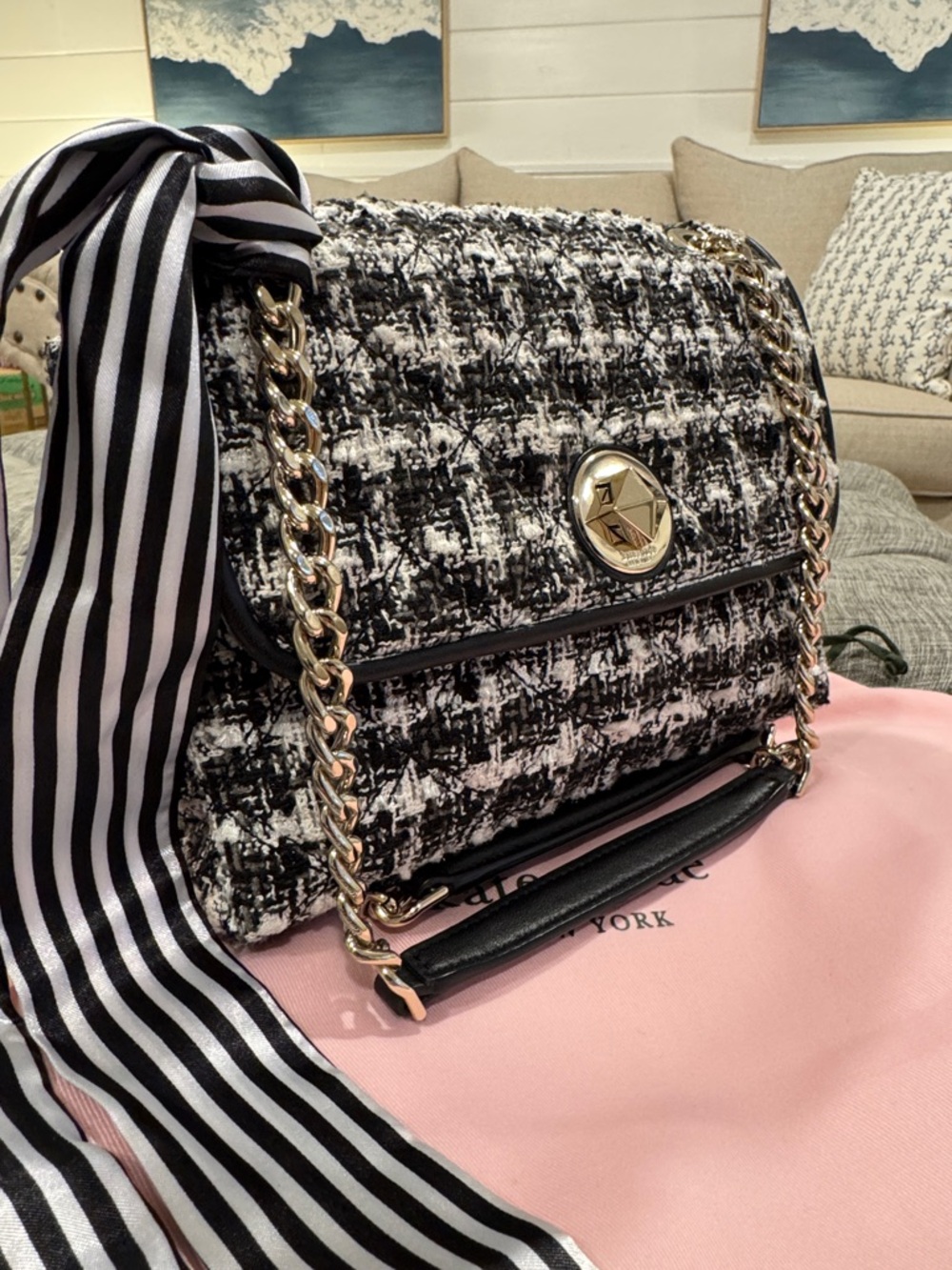 Kate Spade Bag Natalia Black & White Tweed Convertible Shoulder Crossbody Bag - Picture 3 of 17